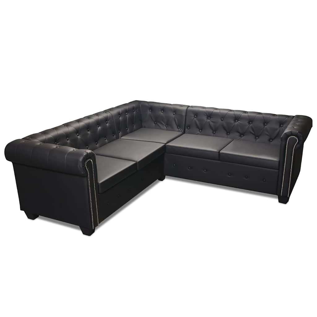 Divano Angolare Chesterfield a 5 Posti Pelle Artificiale Nera