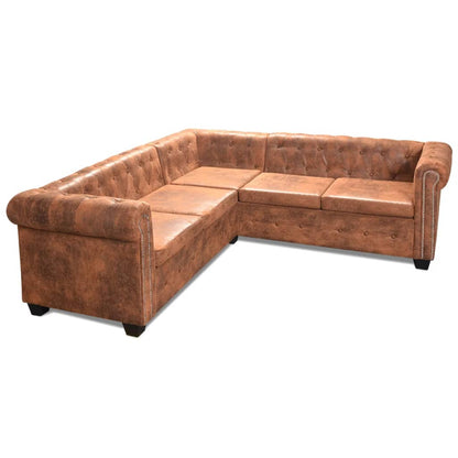 Divano Angolare Chesterfield a 5Posti Pelle Artificiale Marrone