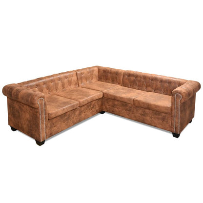Divano Angolare Chesterfield a 5Posti Pelle Artificiale Marrone