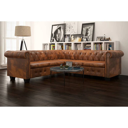 Divano Angolare Chesterfield a 5Posti Pelle Artificiale Marrone