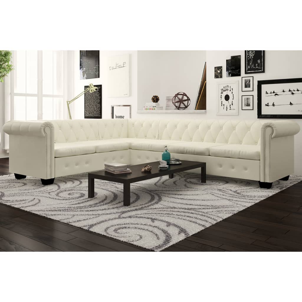 Divano Angolare Chesterfield a 6 Posti Pelle Artificiale Bianca