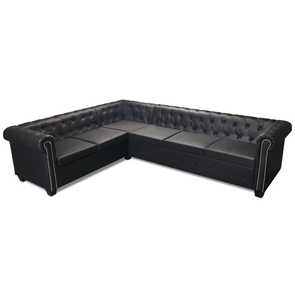 Divano Angolare Chesterfield a 6 Posti Pelle Artificiale Nera