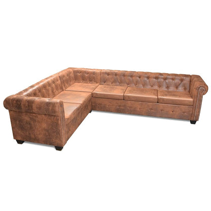 Divano Angolare Chesterfield 6 posti Pelle Artificiale Marrone
