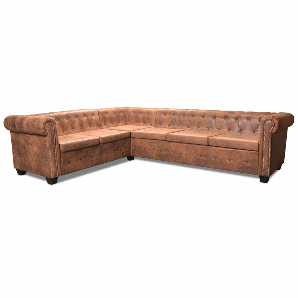 Divano Angolare Chesterfield 6 posti Pelle Artificiale Marrone