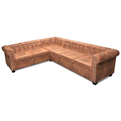 Divano Angolare Chesterfield 6 posti Pelle Artificiale Marrone