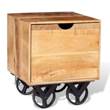 Tavolino con Cassetto e Ruote in Legno di Mango 40x40x45 cm
