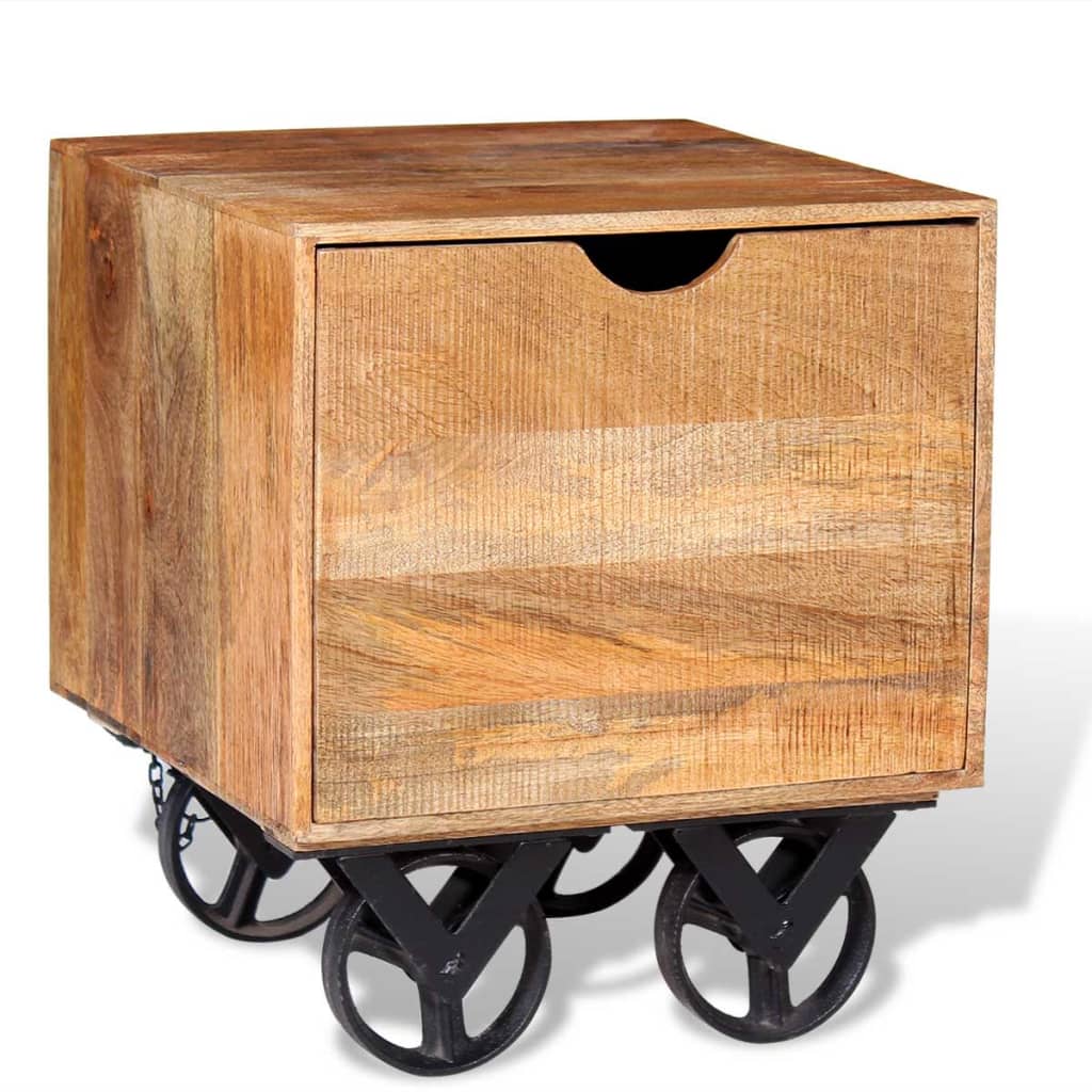 Tavolino con Cassetto e Ruote in Legno di Mango 40x40x45 cm