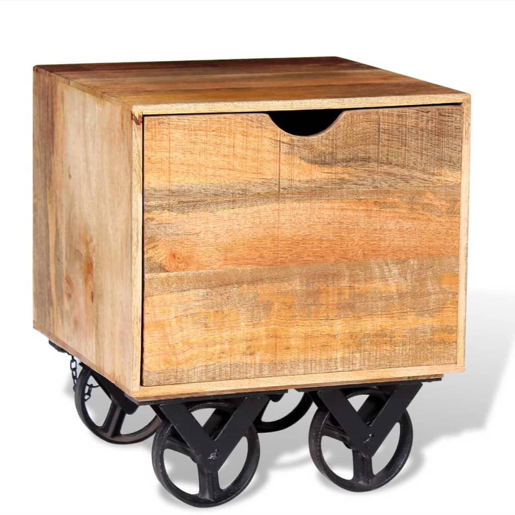 Tavolino con Cassetto e Ruote in Legno di Mango 40x40x45 cm