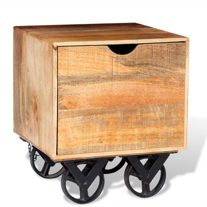 Tavolino con Cassetto e Ruote in Legno di Mango 40x40x45 cm