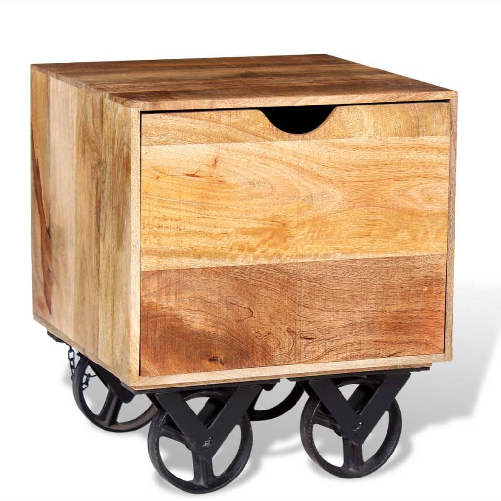 Tavolino con Cassetto e Ruote in Legno di Mango 40x40x45 cm