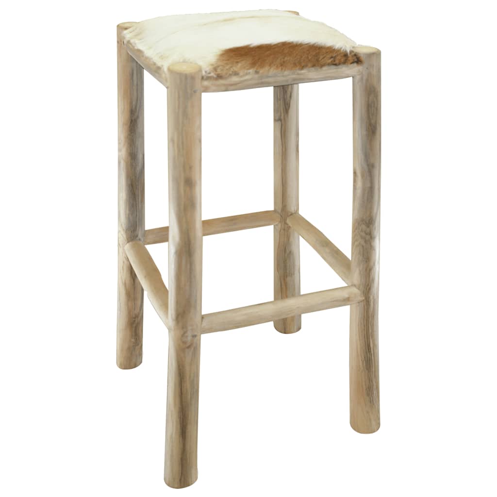 Sgabello da Bar in Vera Pelle e Legno Massello di Teak