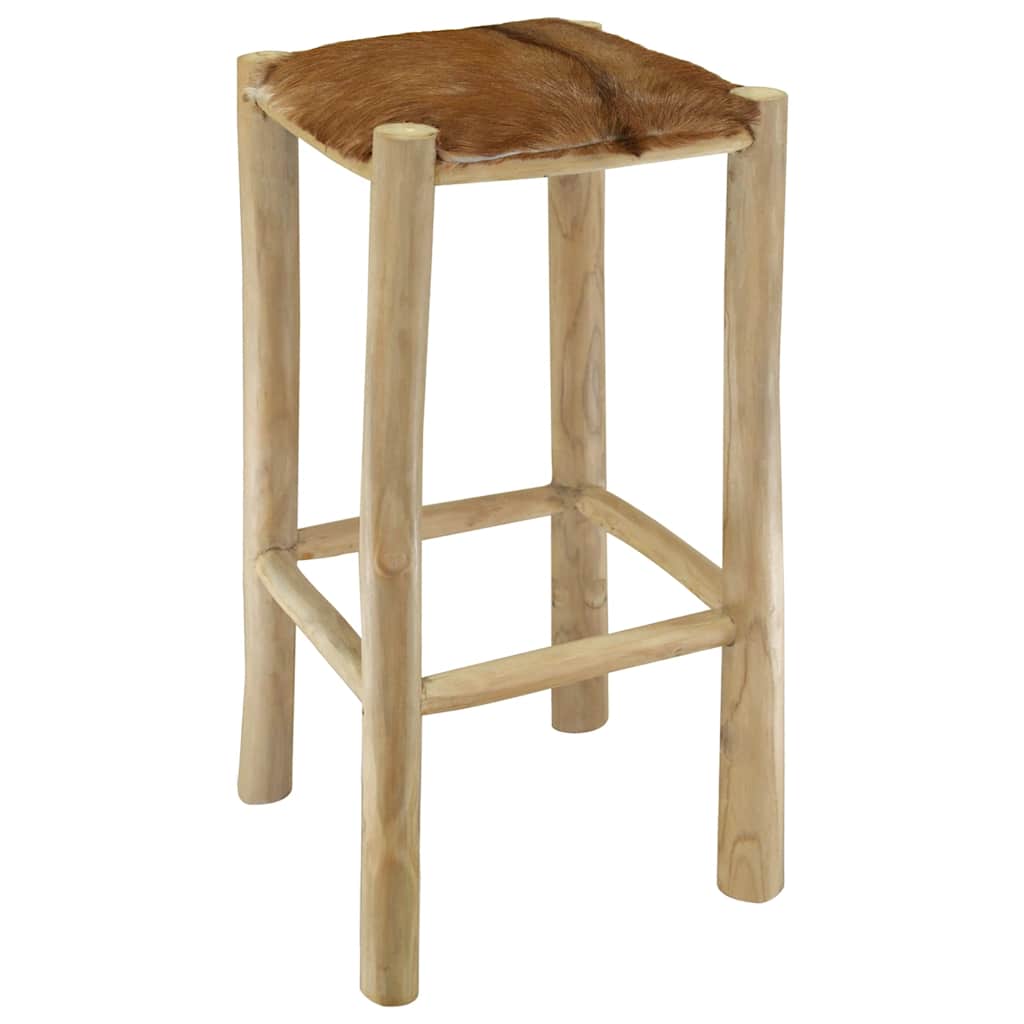 Sgabello da Bar in Vera Pelle e Legno Massello di Teak