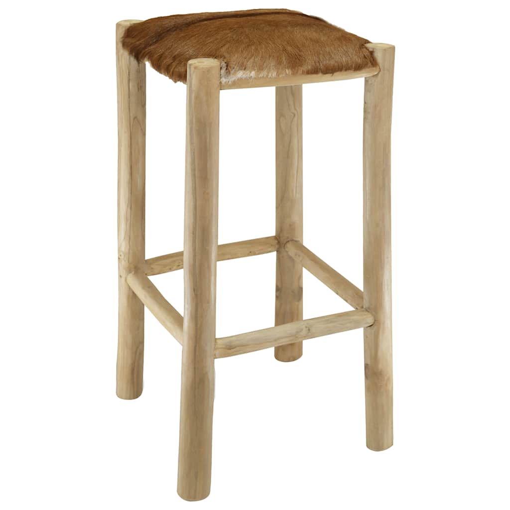 Sgabello da Bar in Pelle di Capra e Legno Massello di Teak