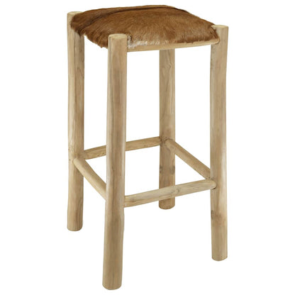 Sgabello da Bar in Pelle di Capra e Legno Massello di Teak
