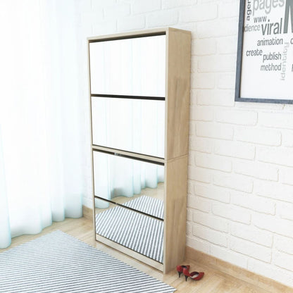 Scarpiera a 4 Strati con Specchio Rovere 63x17x134 cm