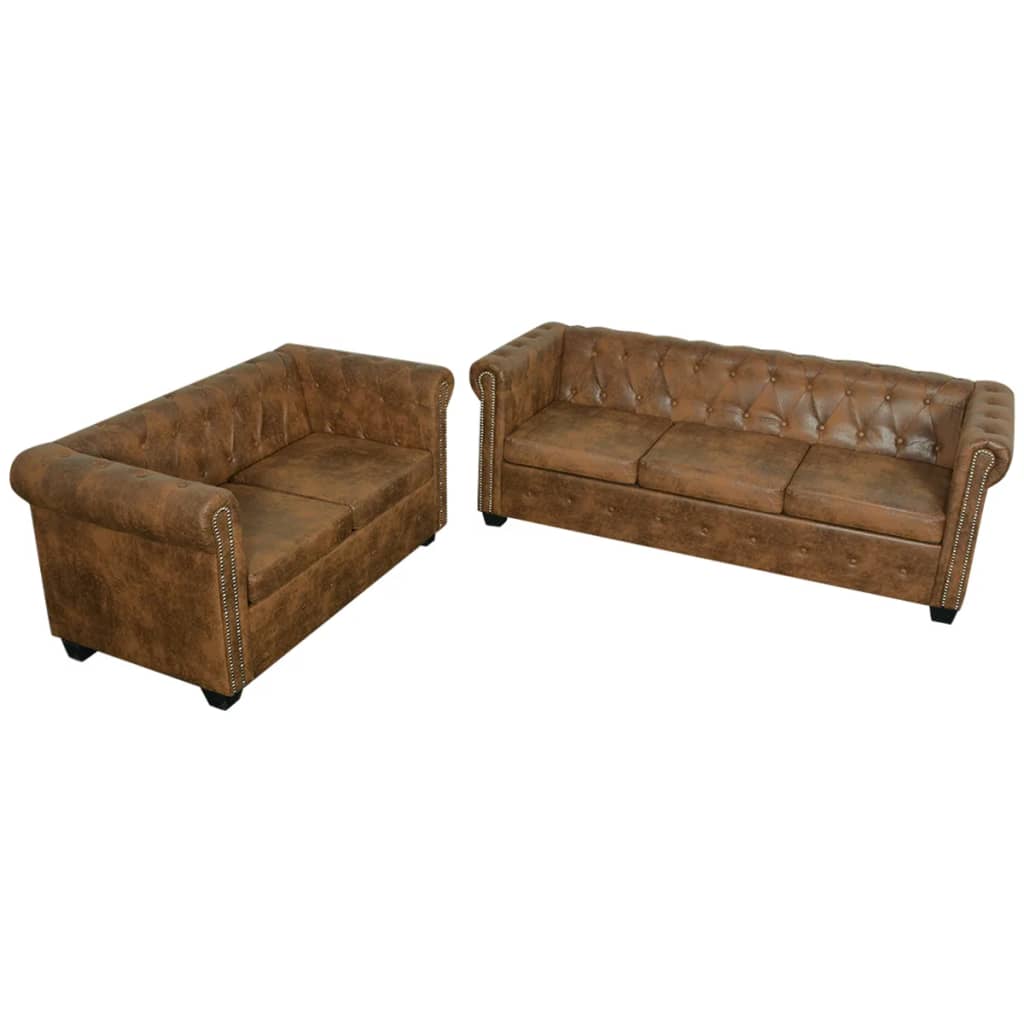 Set Divani Chesterfield a 2 Posti e a 3 Posti Marrone