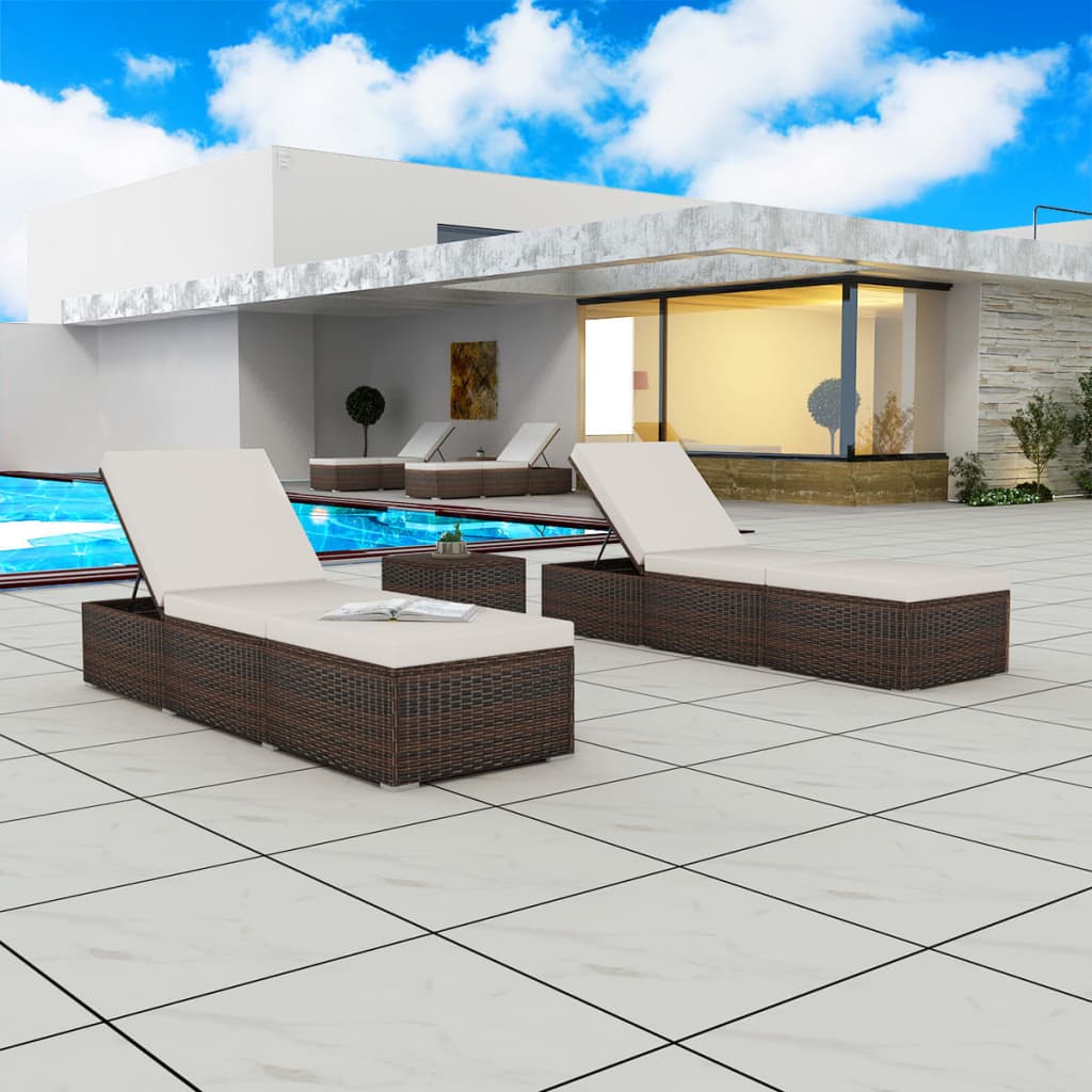 Lettini Prendisole 2 pz con Tavolo in Polyrattan Marrone