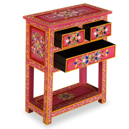 Credenza con Cassetti in Massello di Mango Rosa Dipinta a Mano