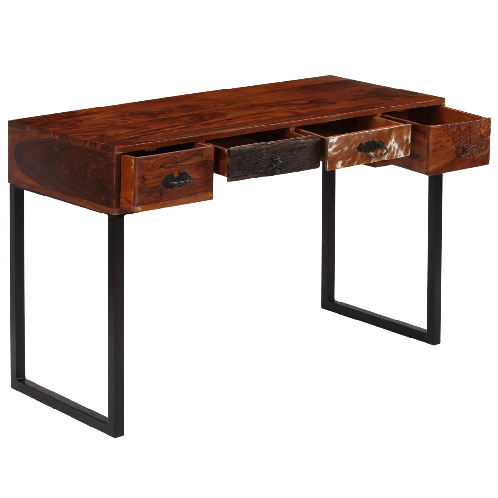 Scrivania Legno Massello di Sheesham e Vera Pelle 117x50x76 cm