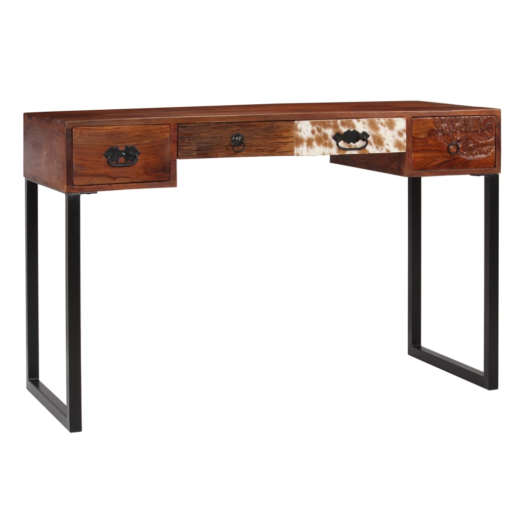 Scrivania Legno Massello di Sheesham e Vera Pelle 117x50x76 cm