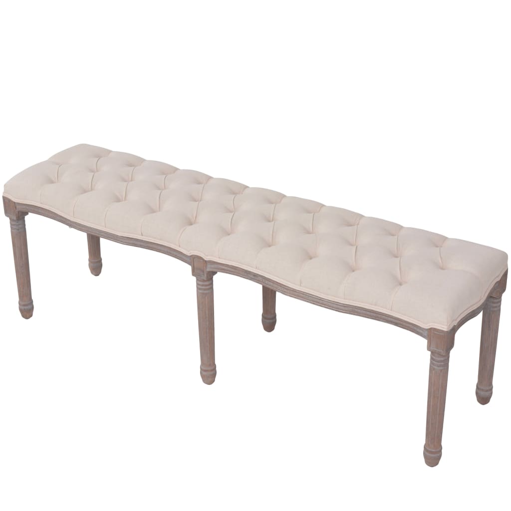 Panca in Legno Massello e Lino 150x40x48 cm Bianco Crema