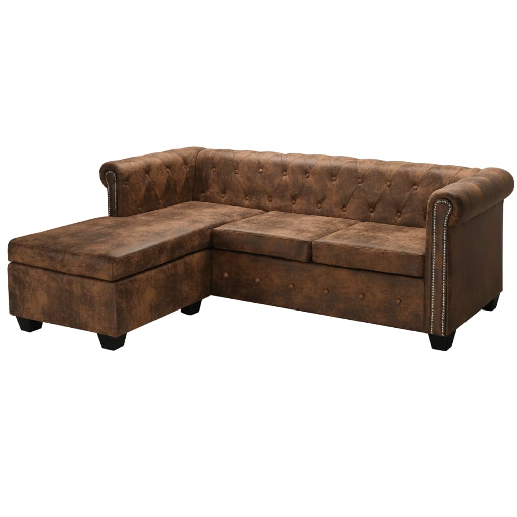 Divano Chesterfield a L in Finta Pelle Scamosciata Marrone