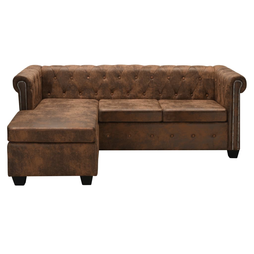 Divano Chesterfield a L in Finta Pelle Scamosciata Marrone