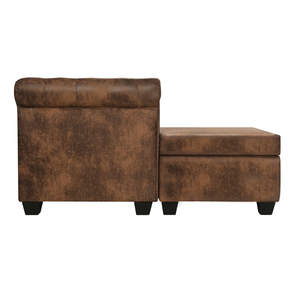 Divano Chesterfield a L in Finta Pelle Scamosciata Marrone