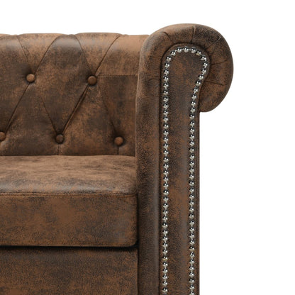 Divano Chesterfield a L in Finta Pelle Scamosciata Marrone