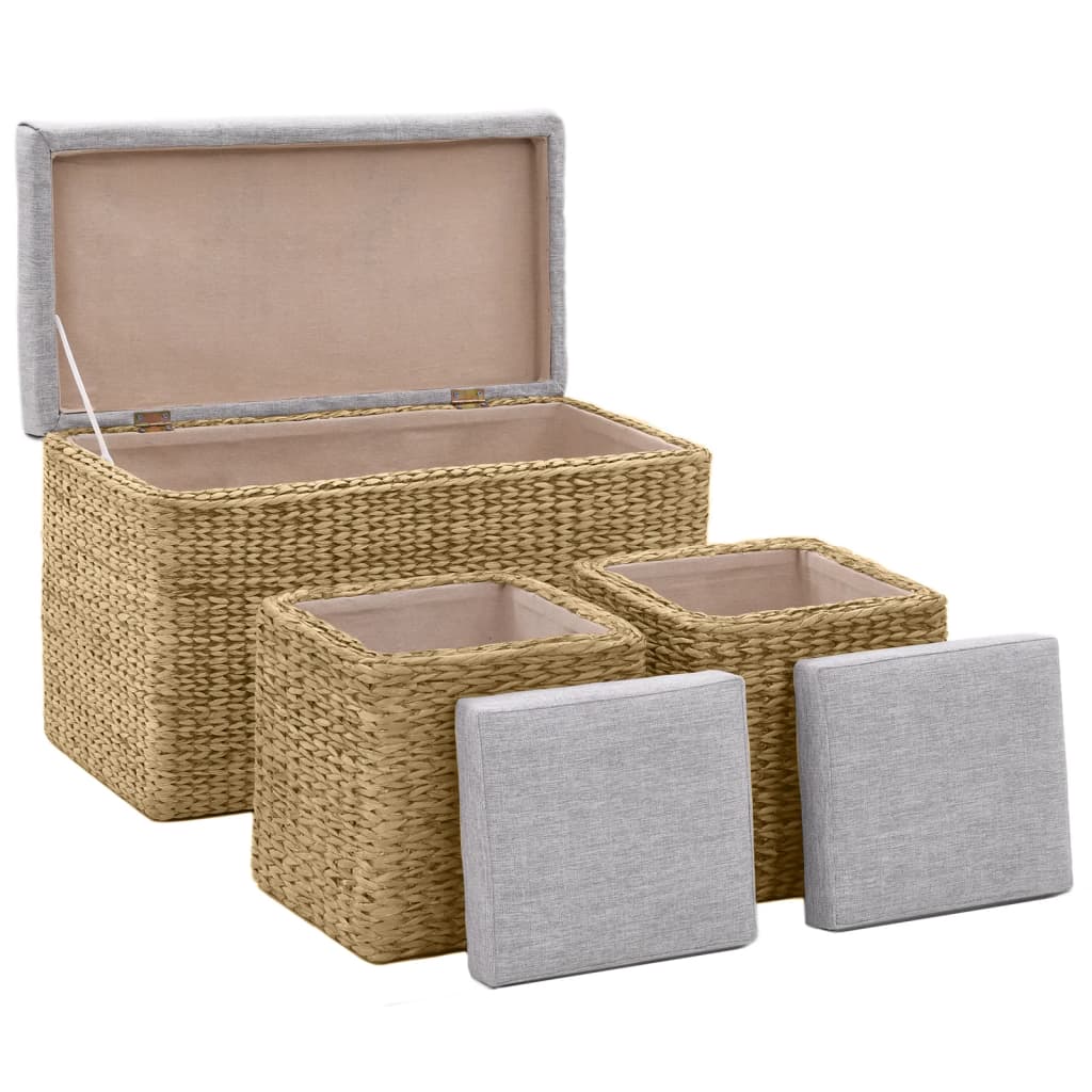 Panca e 2 Pouf in Giunco Grigio