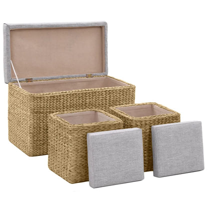 Panca e 2 Pouf in Giunco Grigio