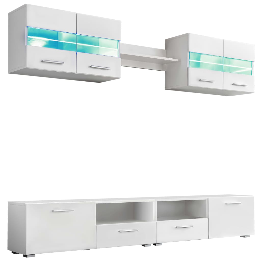 Set Parete Attrezzata Porta TV con Luci LED 5 pz Bianco Lucido