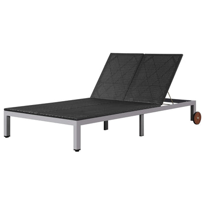 Lettino Prendisole Doppio con Ruote in Polyrattan Nero