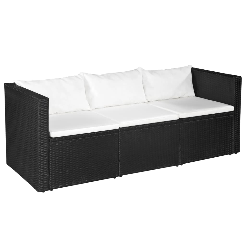 Divano da Giardino a 3 Posti Nero in Polyrattan Cuscini Bianchi
