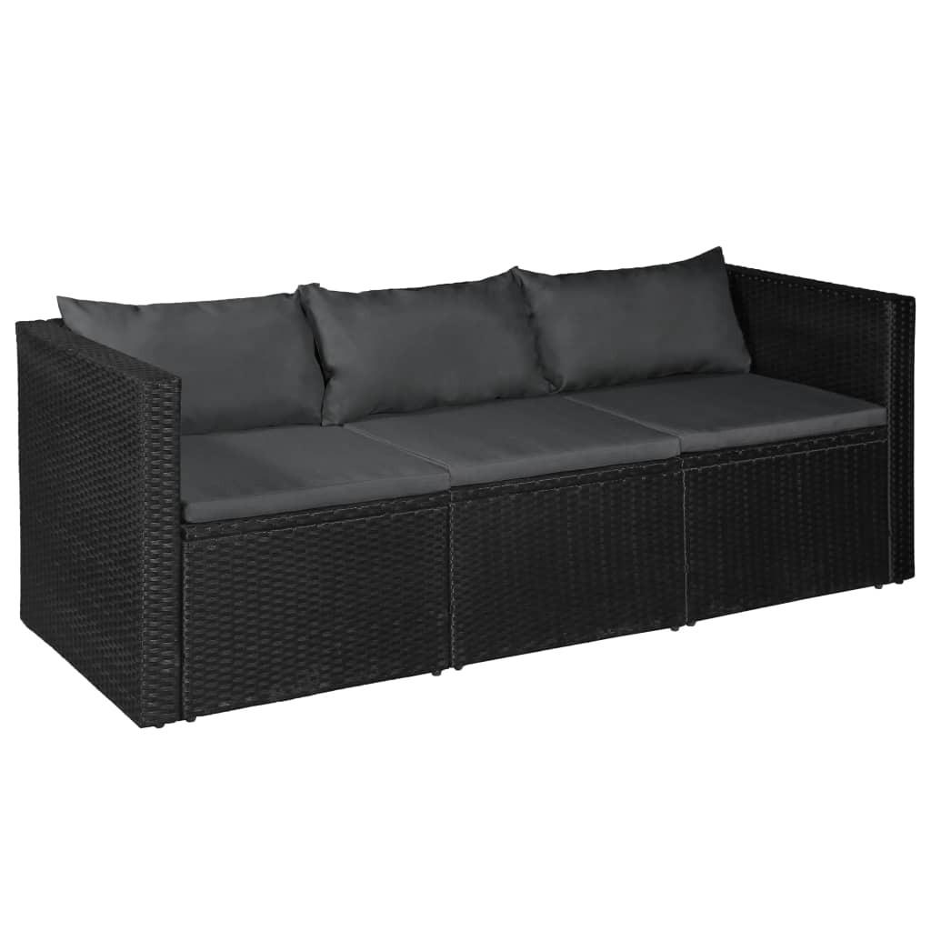 Divano da Giardino a 3 Posti Nero in Polyrattan Cuscini Grigi