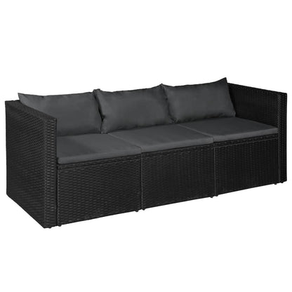 Divano da Giardino a 3 Posti Nero in Polyrattan Cuscini Grigi