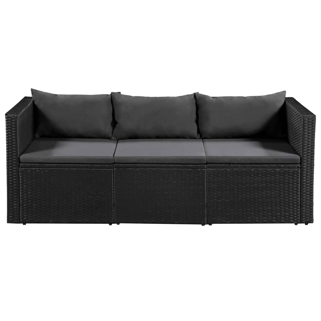 Divano da Giardino a 3 Posti Nero in Polyrattan Cuscini Grigi