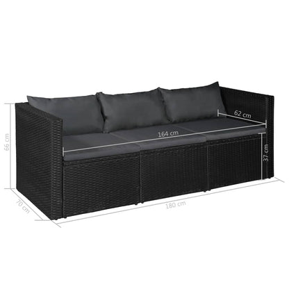Divano da Giardino a 3 Posti Nero in Polyrattan Cuscini Grigi