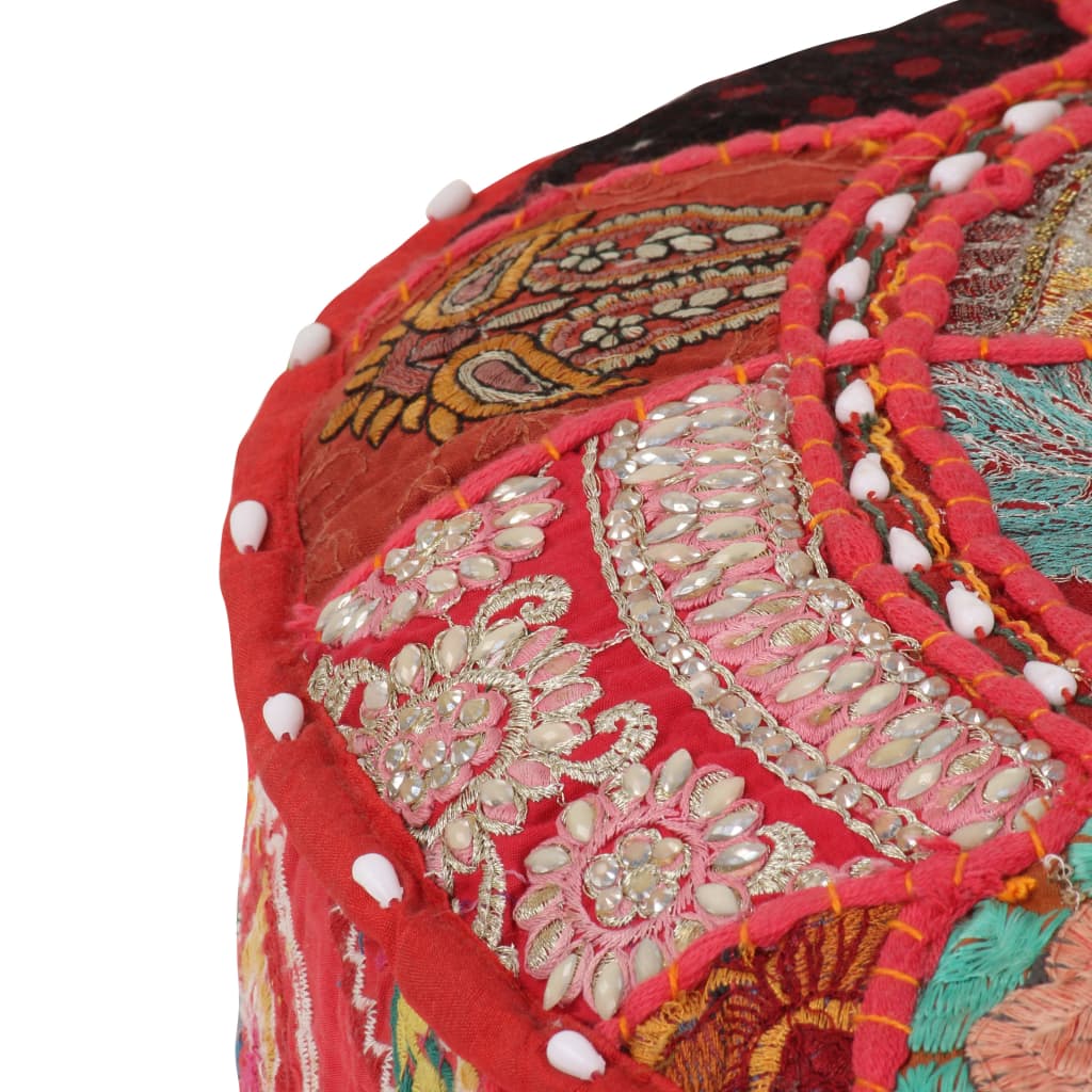 Pouf Patchwork Rotondo Fatto a Mano in Cotone 40x20 cm Rosso