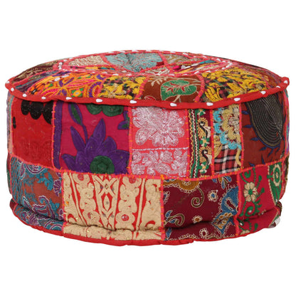 Pouf Patchwork Rotondo Fatto a Mano in Cotone 40x20 cm Rosso