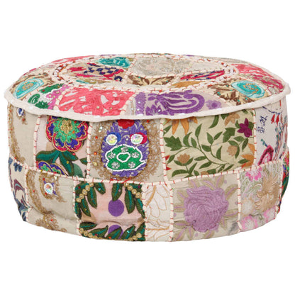 Pouf Patchwork Rotondo Fatto a Mano in Cotone 40x20 cm Beige