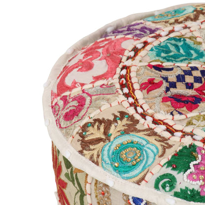 Pouf Patchwork Rotondo Fatto a Mano in Cotone 40x20 cm Beige