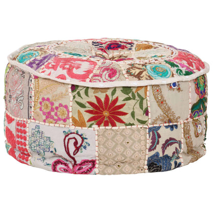Pouf Patchwork Rotondo Fatto a Mano in Cotone 40x20 cm Beige