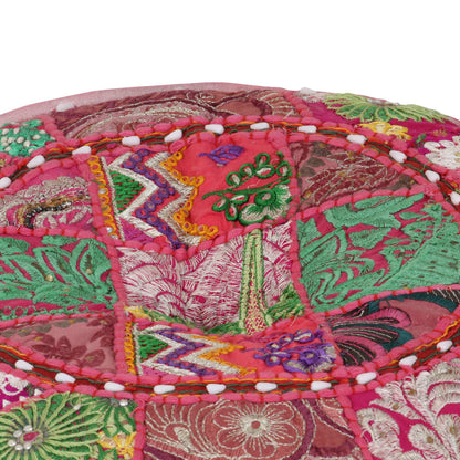 Pouf Patchwork Rotondo Fatto a Mano in Cotone 40x20 cm Rosa