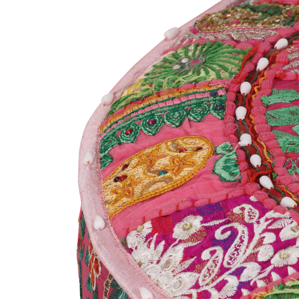 Pouf Patchwork Rotondo Fatto a Mano in Cotone 40x20 cm Rosa