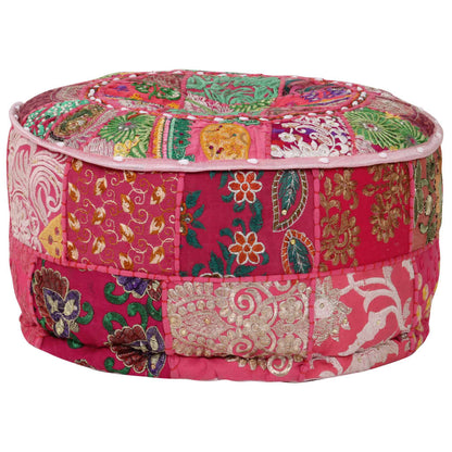 Pouf Patchwork Rotondo Fatto a Mano in Cotone 40x20 cm Rosa