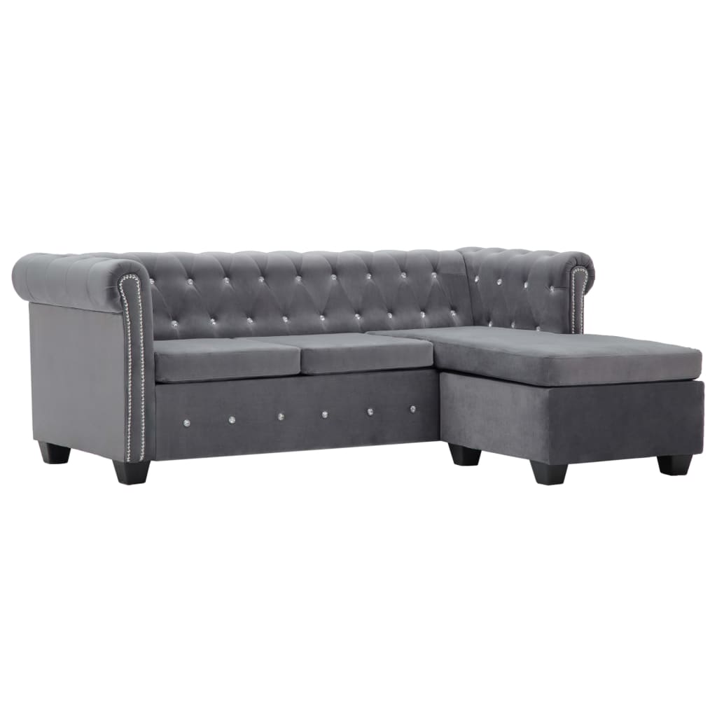 Divano Chesterfield a L in Velluto 199x142x72 cm Grigio