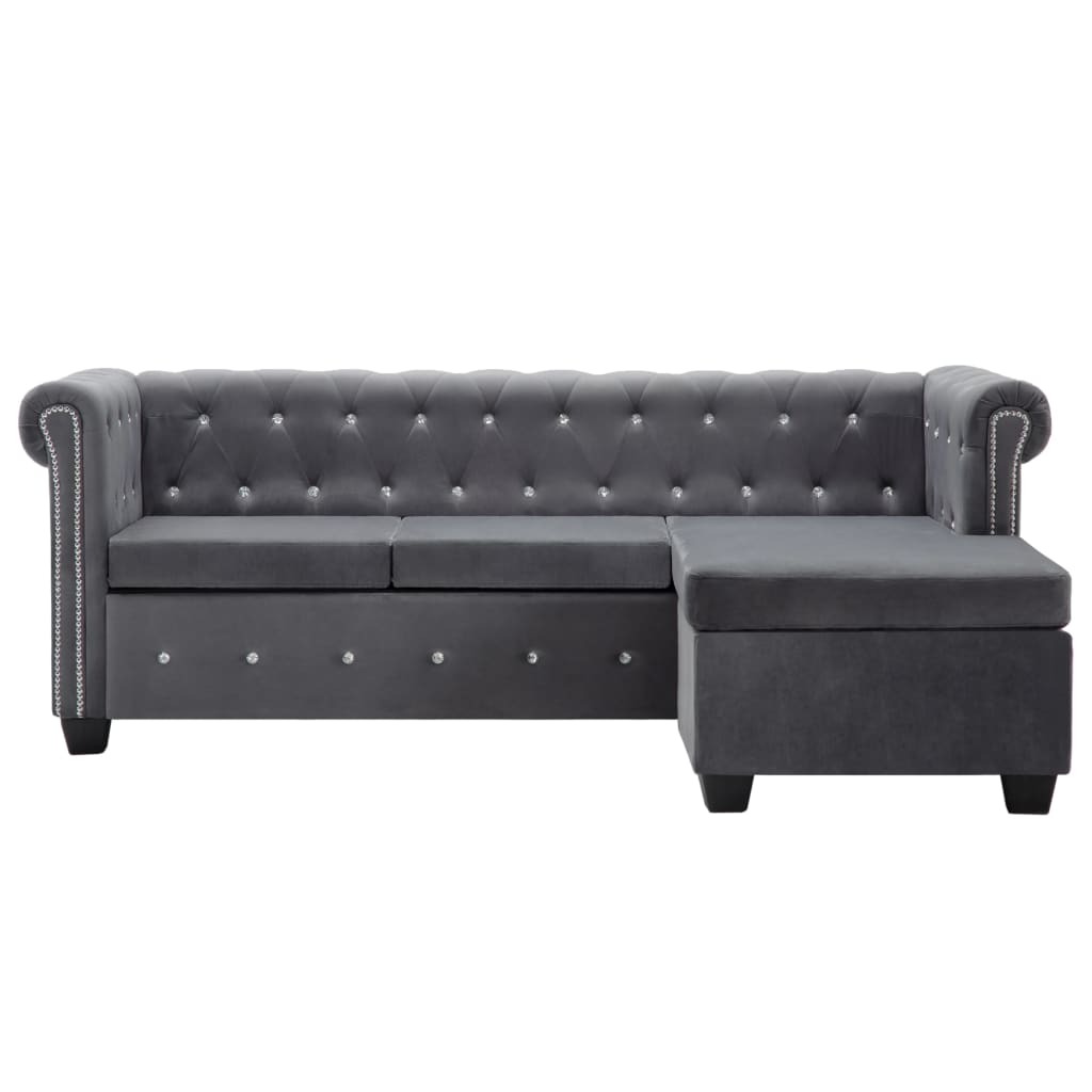 Divano Chesterfield a L in Velluto 199x142x72 cm Grigio
