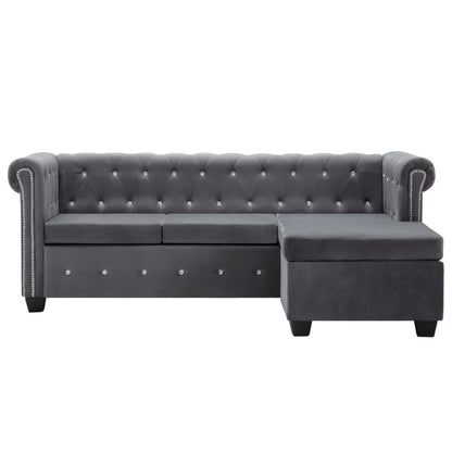 Divano Chesterfield a L in Velluto 199x142x72 cm Grigio