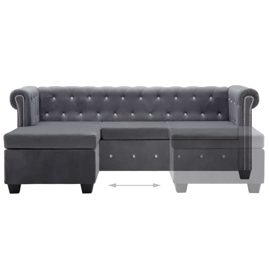 Divano Chesterfield a L in Velluto 199x142x72 cm Grigio